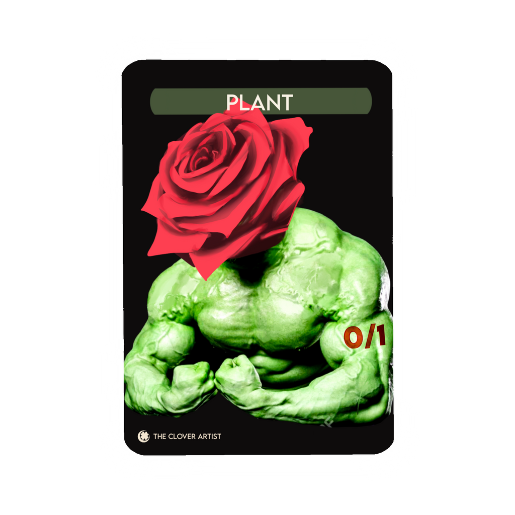 Card with a red rose on a muscular green figure against a black background plant token