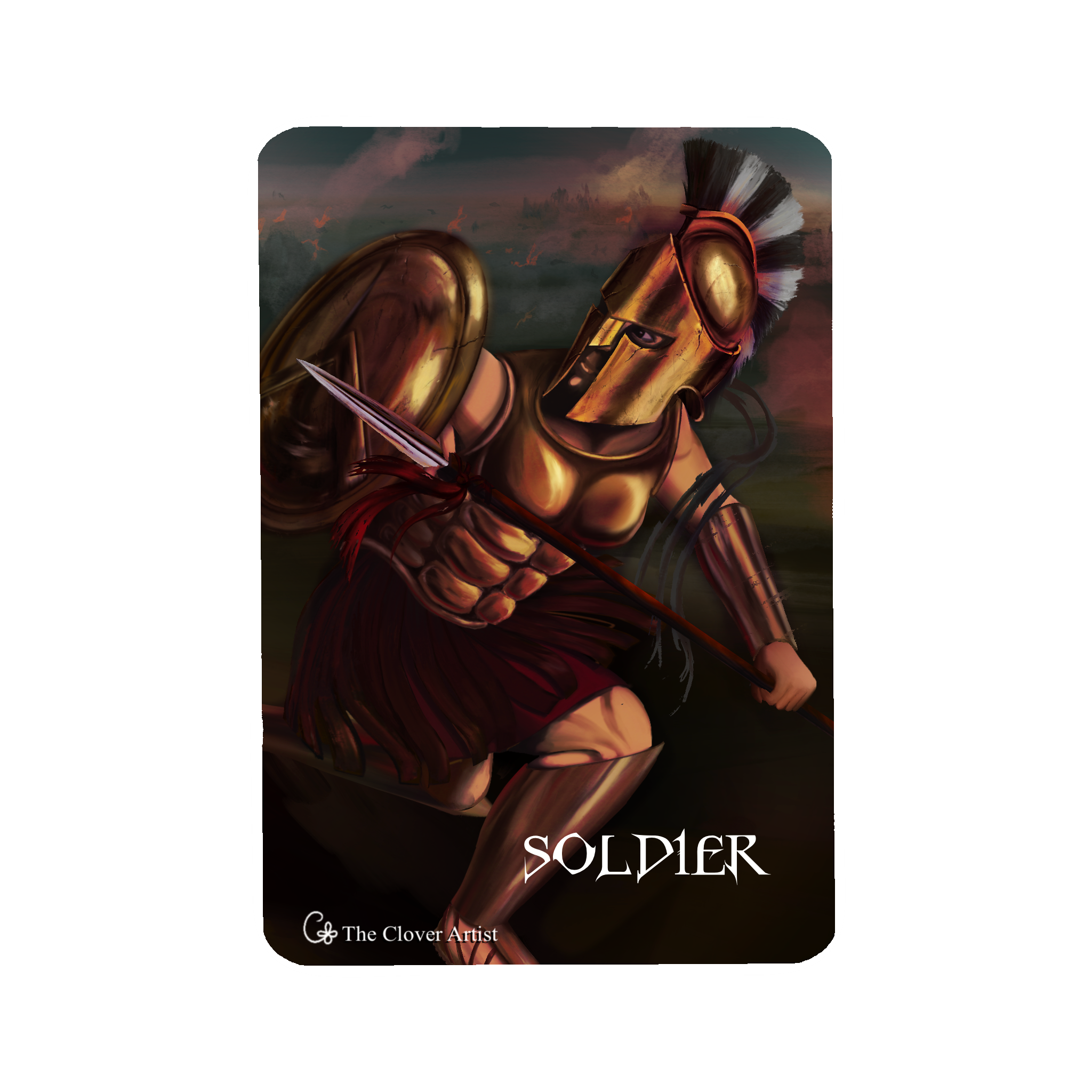 Spartan in fighting pose on a soldier token by the clover artist