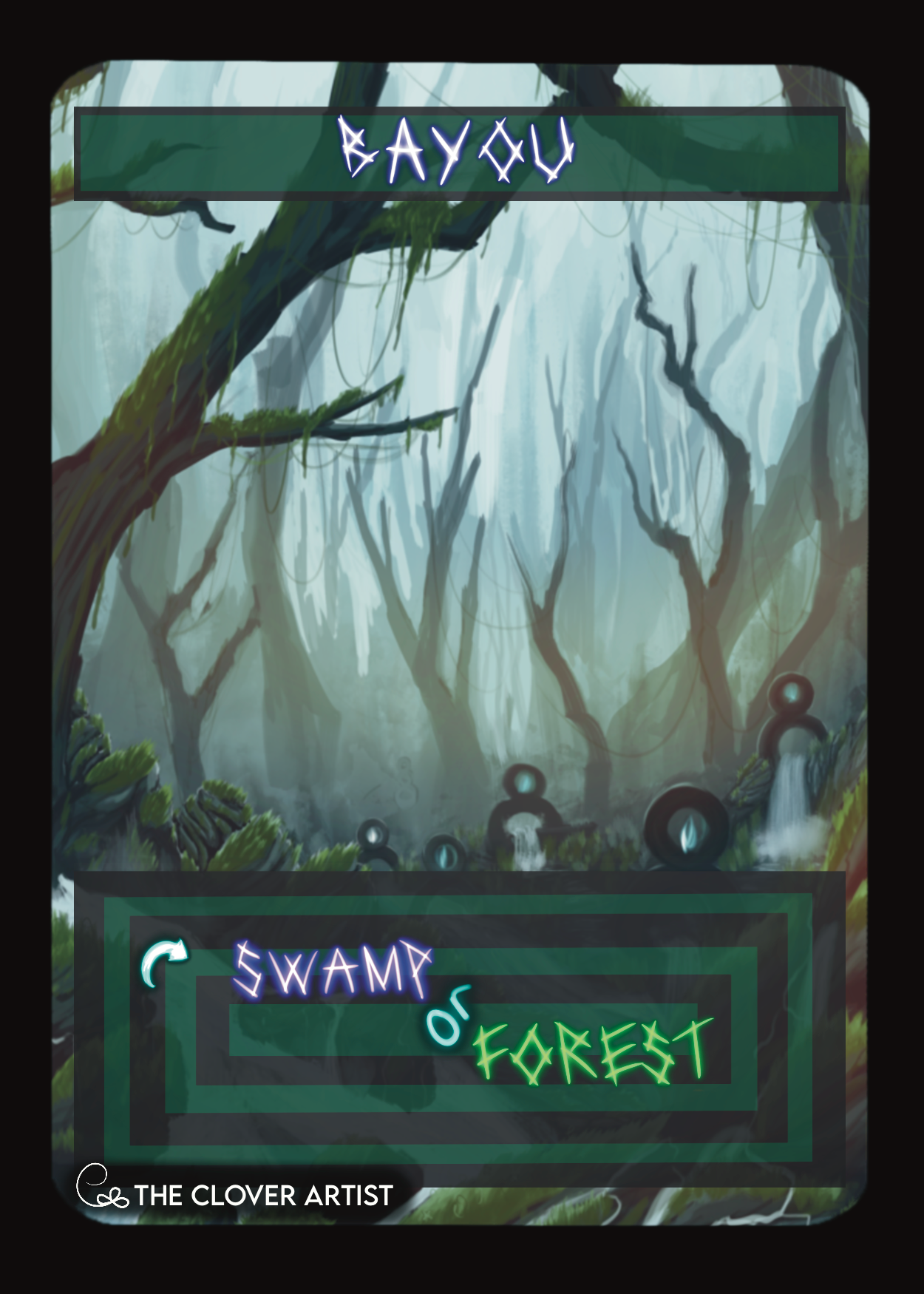 Card featuring a swampy forest with trees and mist, labeled 'Swamp of Forest' by 'The Clover Artist'.