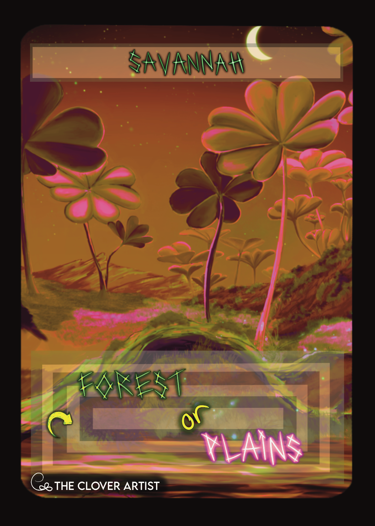 Card with stylized illustration of a forest or plains landscape featuring clover-like plants, with 'Savannah' at the top. By the clover artist