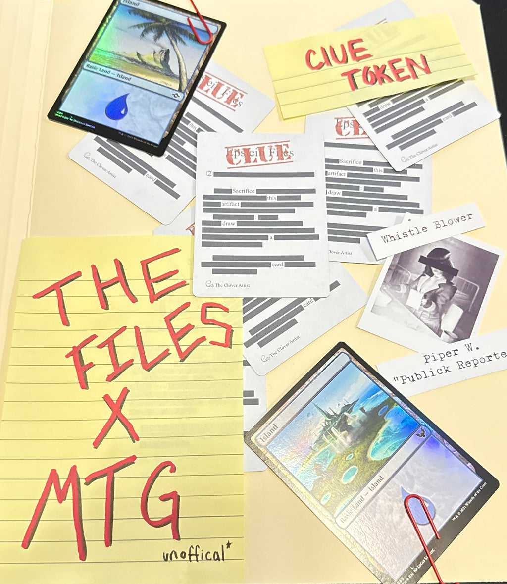 Notebook titled 'The Files X MTG' with trading cards and papers on a table.