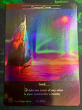 Colorful card with a command tower illustration and text on a dark background by the clover artist