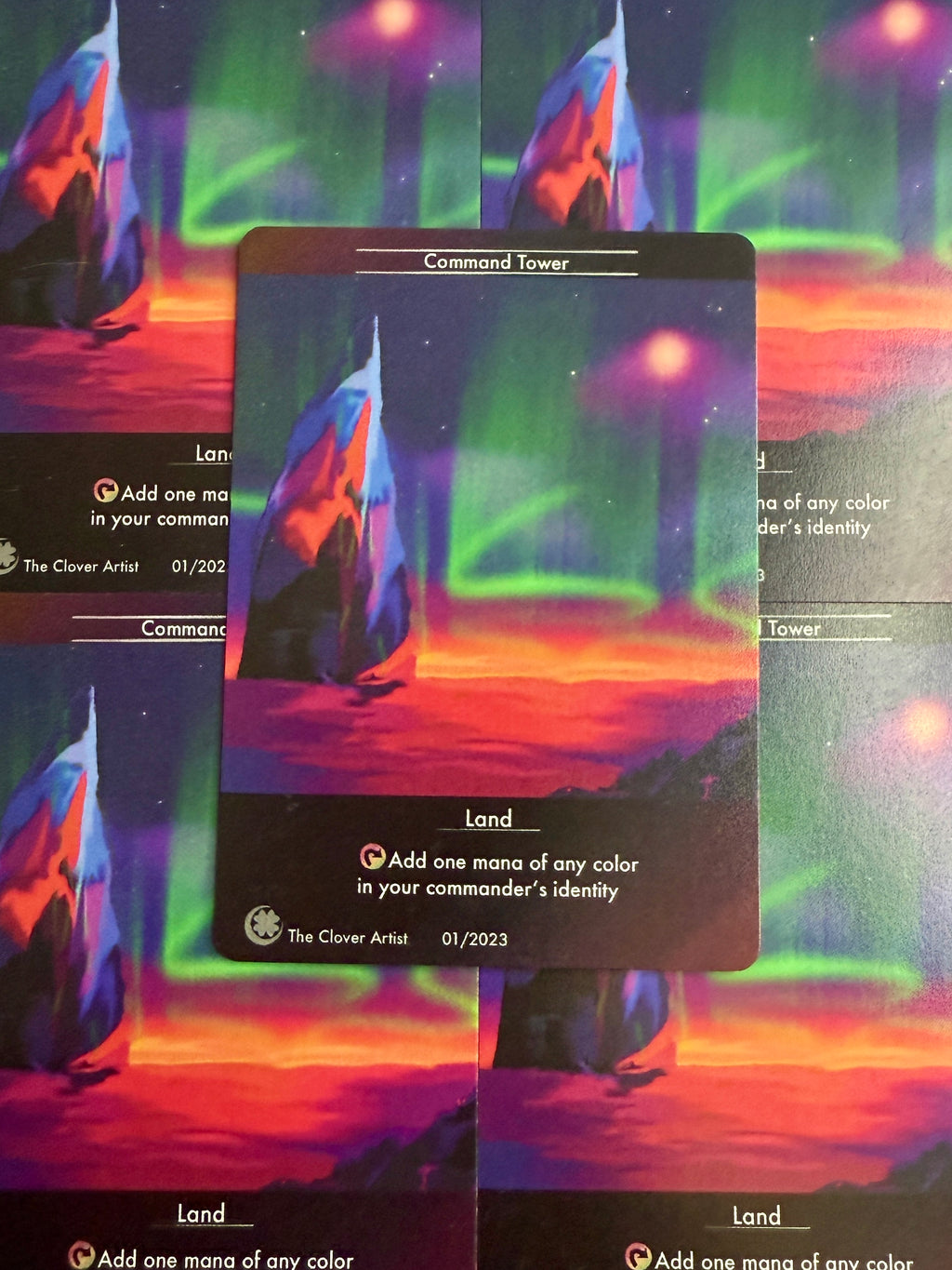 Card with 'Command Tower' text and graphics on a colorful background the clover artist