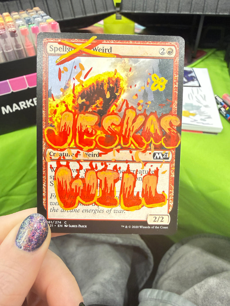 A card with fire lettering of “jeska’s will” mtg card