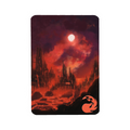Fantasy landscape with a dark castle under a red moon on a white background