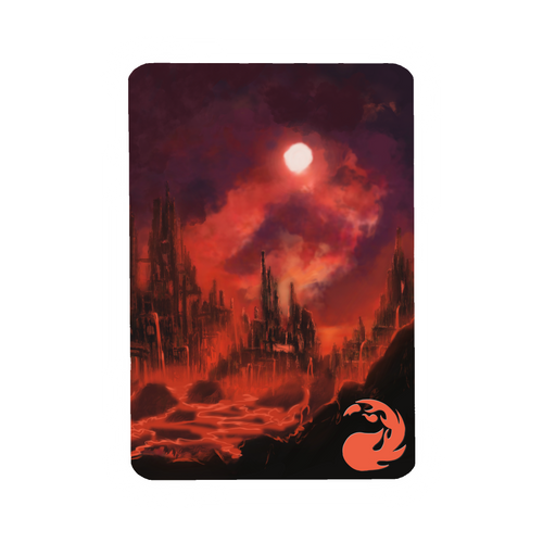 Fantasy landscape with a dark castle under a red moon on a white background