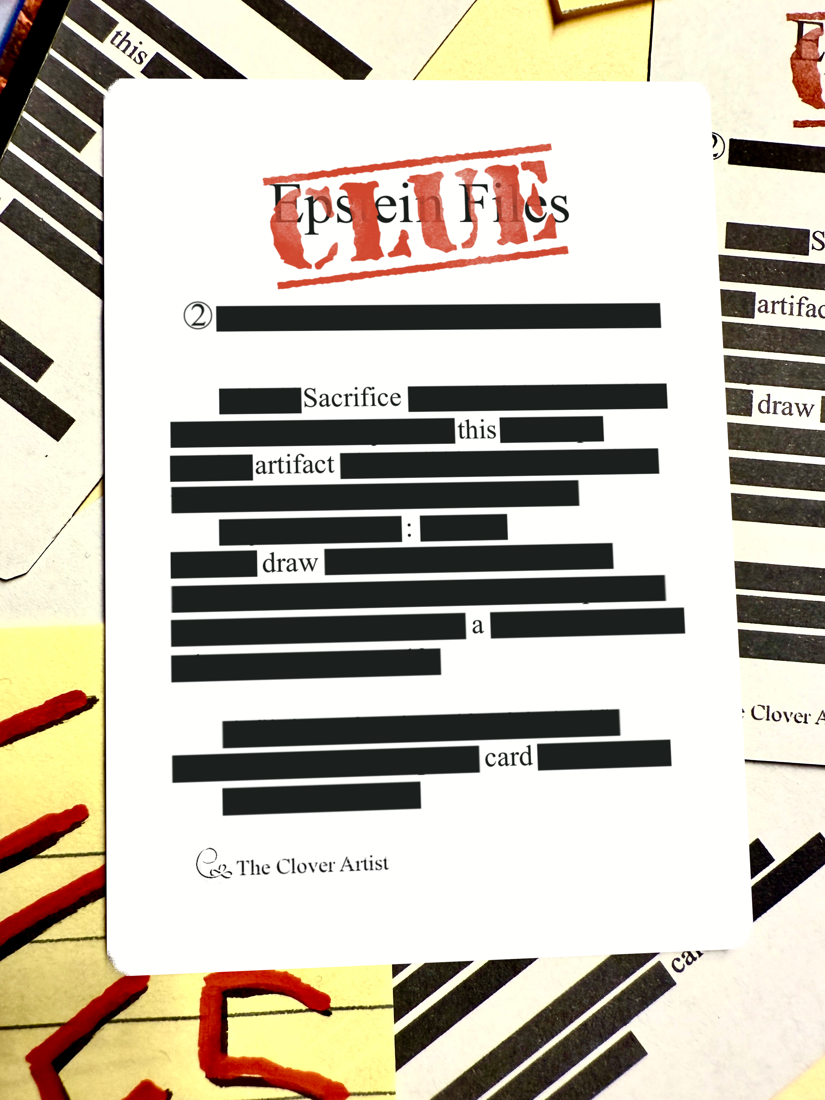 MTG clue token in the style of a redacted Epstein files
