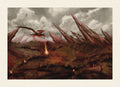 Majestic dragon soaring over a fiery landscape with smoking mountains.