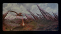 Fantasy scene with a dragon flying over a mountainous landscape. Art on a playmat