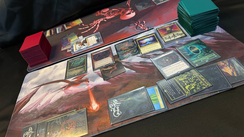 Board game with cards on a dragon themed playmat