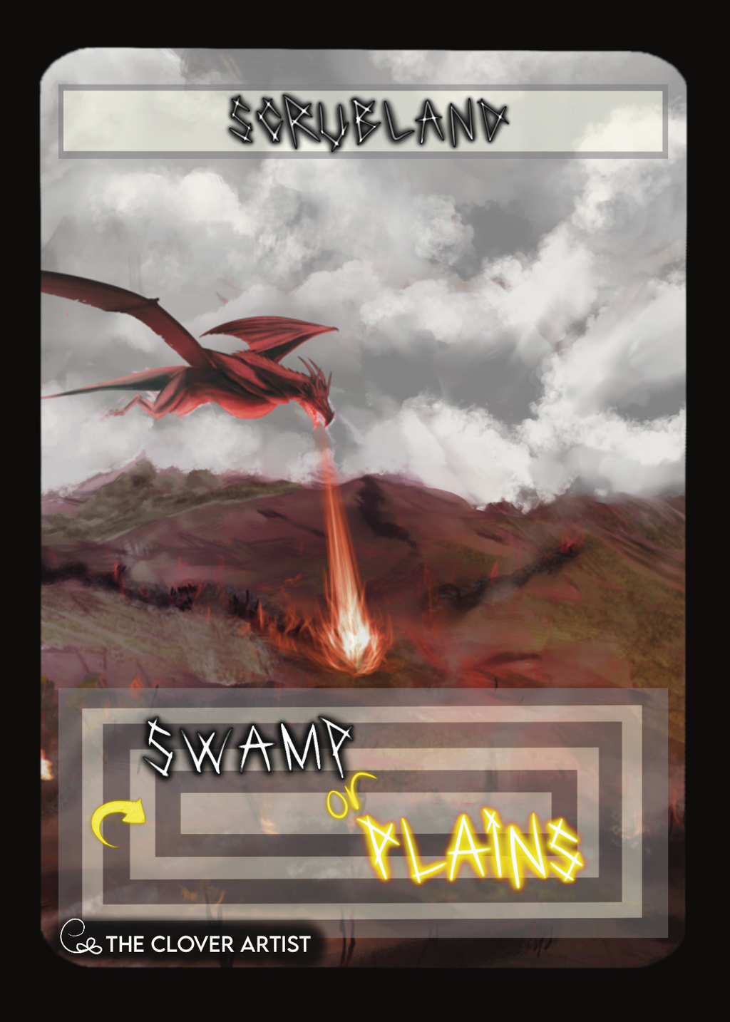 Fantasy card with a dragon and landscape, featuring the text 'Scrubland' and 'Swamp of Plains'. By the clover artist