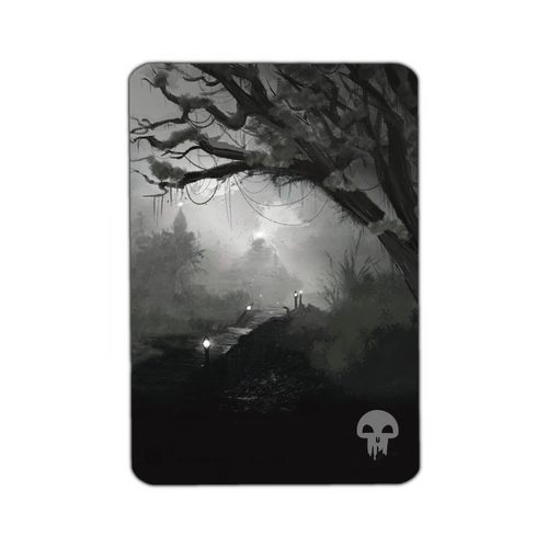 grey scale image of a foggy temple off in the distance and a tree in the foreground 