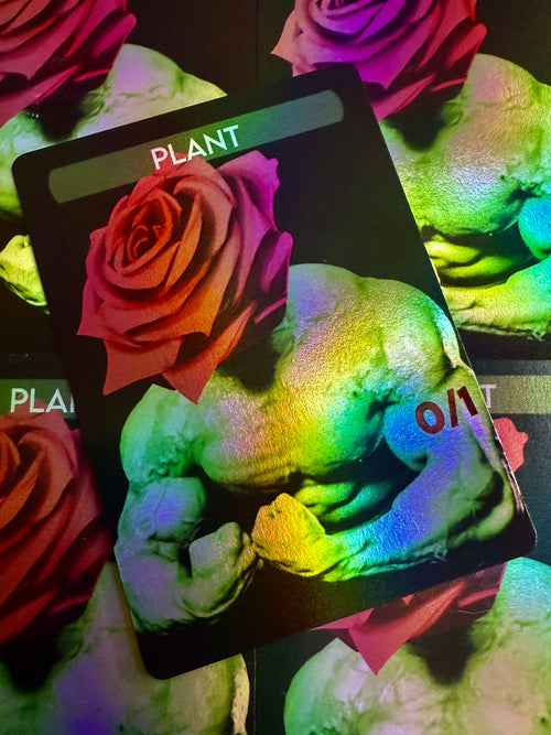 Card with a colorful illustration and 'PLANT' text, surrounded by roses.