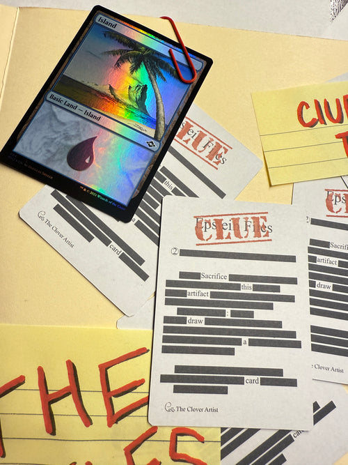 Card with colorful design on a surface with other cards and papers.
