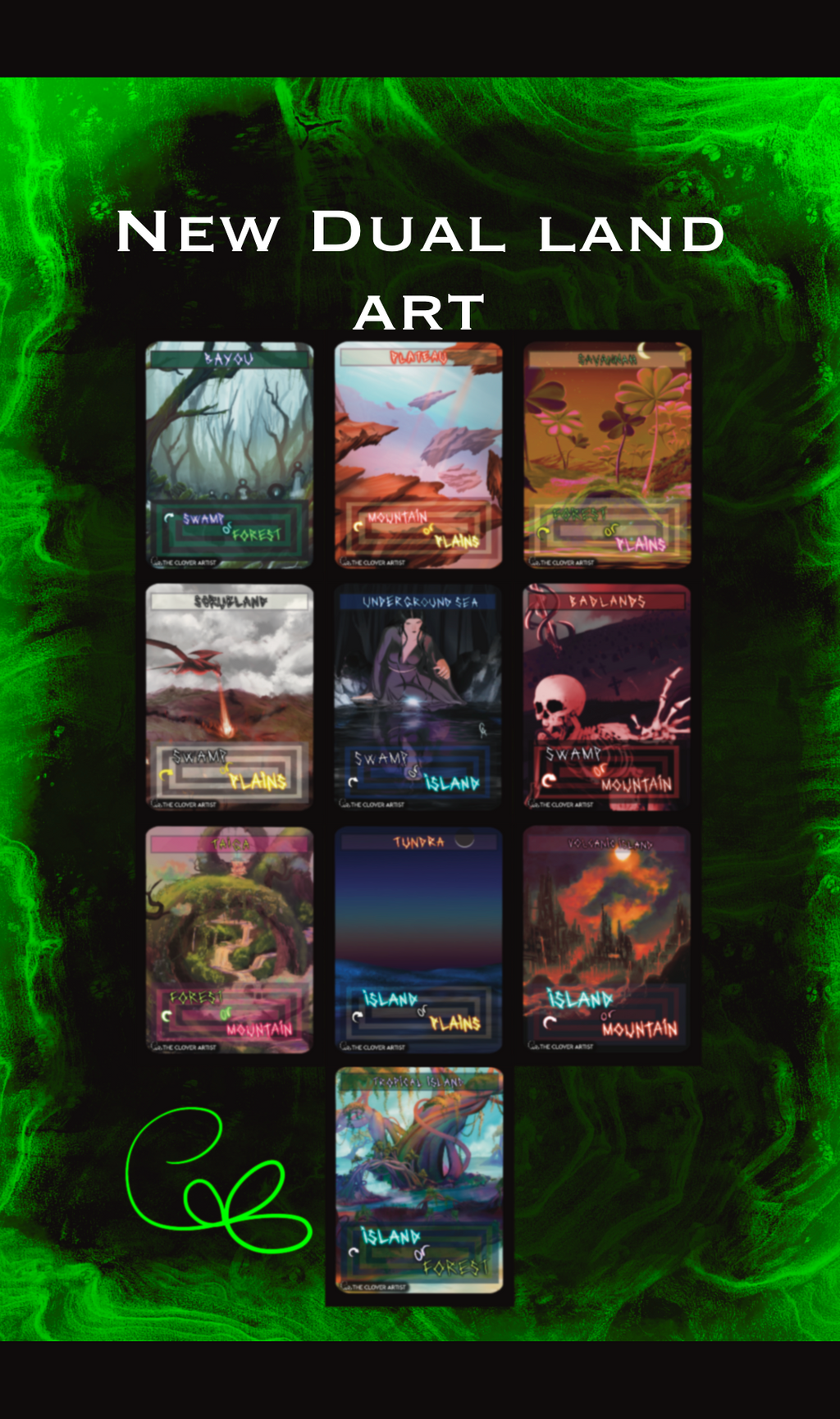Collection of MTG OG dual lands with artistic designs on a green background