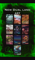 Collection of MTG OG dual lands with artistic designs on a green background