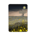 a grey grass plains with one lone tree on a cloudy day with thousands of glowing plants and fireflies lighting the field 