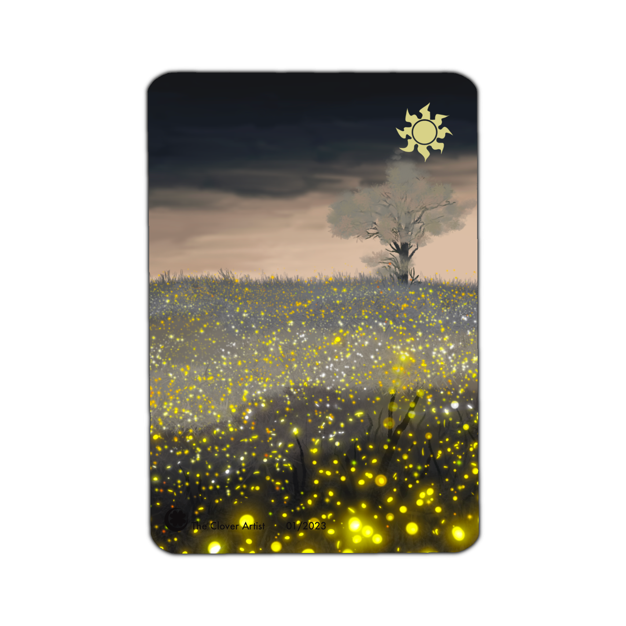 a grey grass plains with one lone tree on a cloudy day with thousands of glowing plants and fireflies lighting the field 