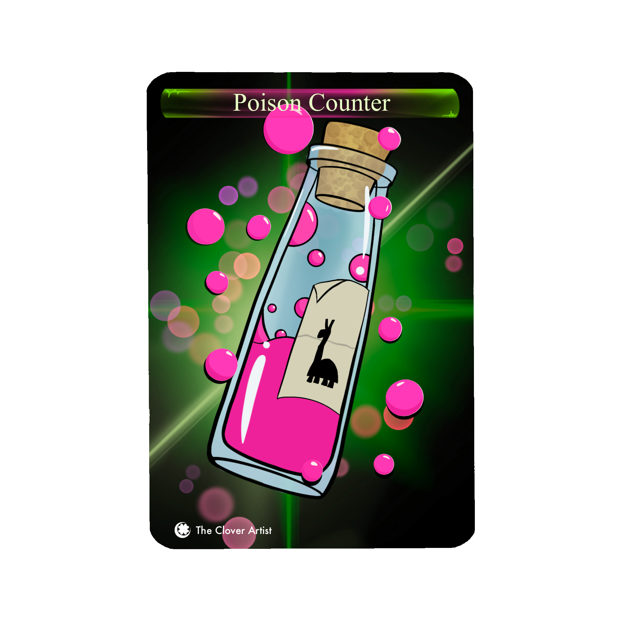 Card with a bottle of pink liquid and 'Poison Counter' text on a dark background