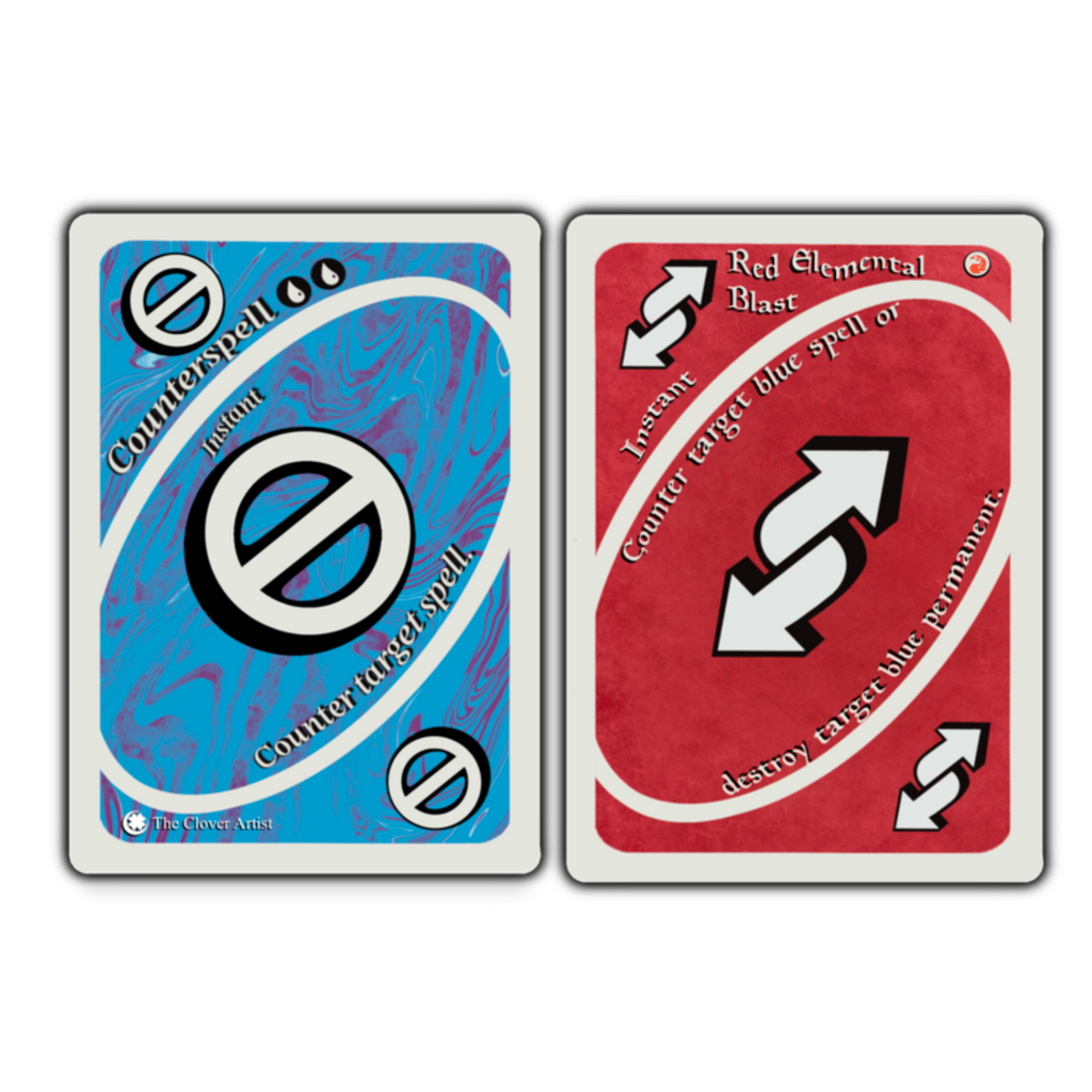Two trading cards, one blue and one red, with symbols and text on a white background.