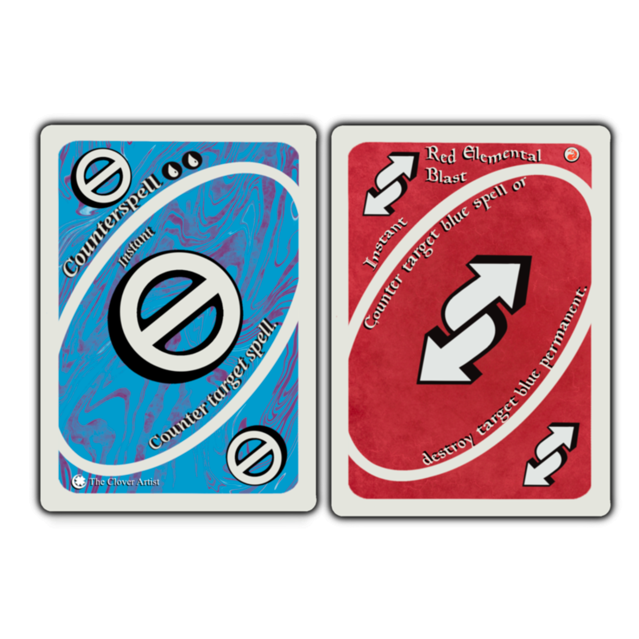Two trading cards, one blue and one red, with symbols and text on a white background.