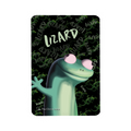 Cartoon lizard character with pink eyes on a black background with 'Lizard' text.