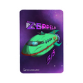 Card with a green spaceship design on a purple background, featuring the word 'Zeppelin'. Planet Express Ship 