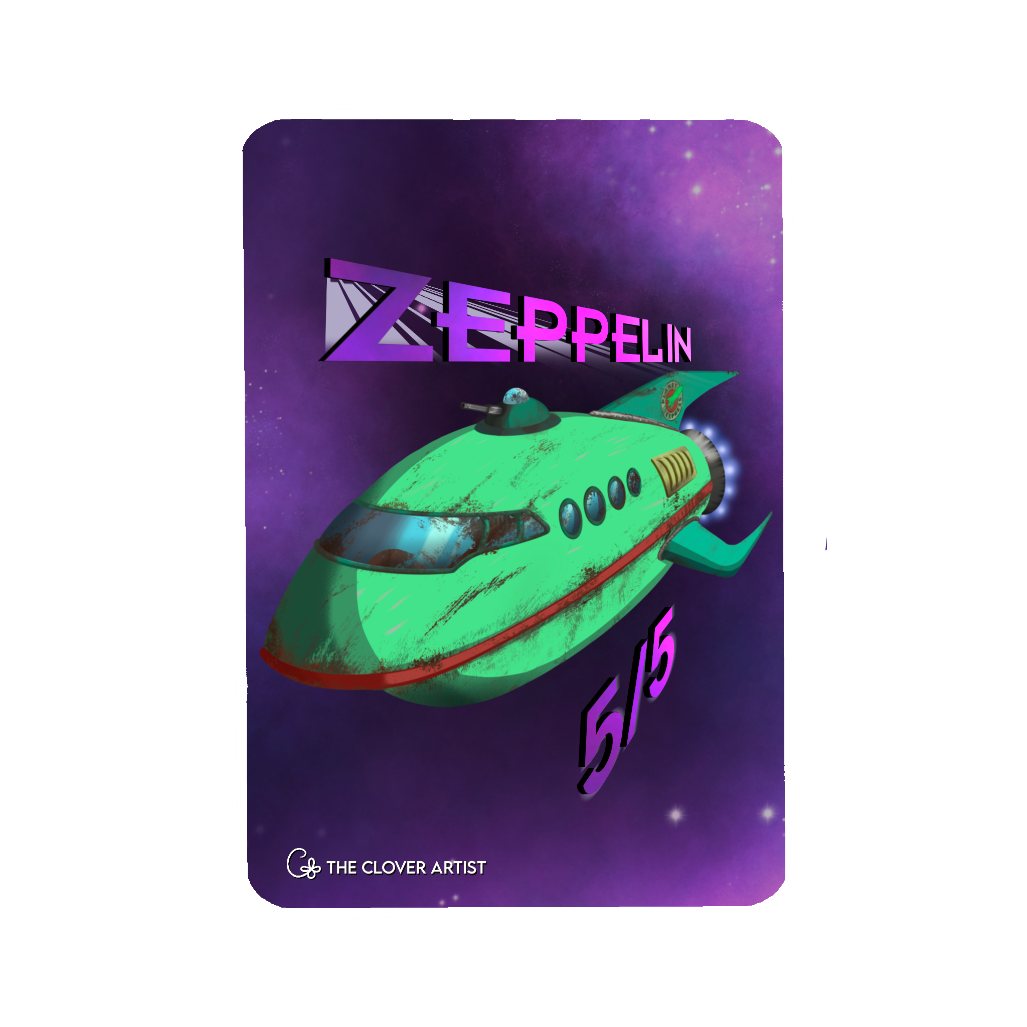 Card with a green spaceship design on a purple background, featuring the word 'Zeppelin'. Planet Express Ship 