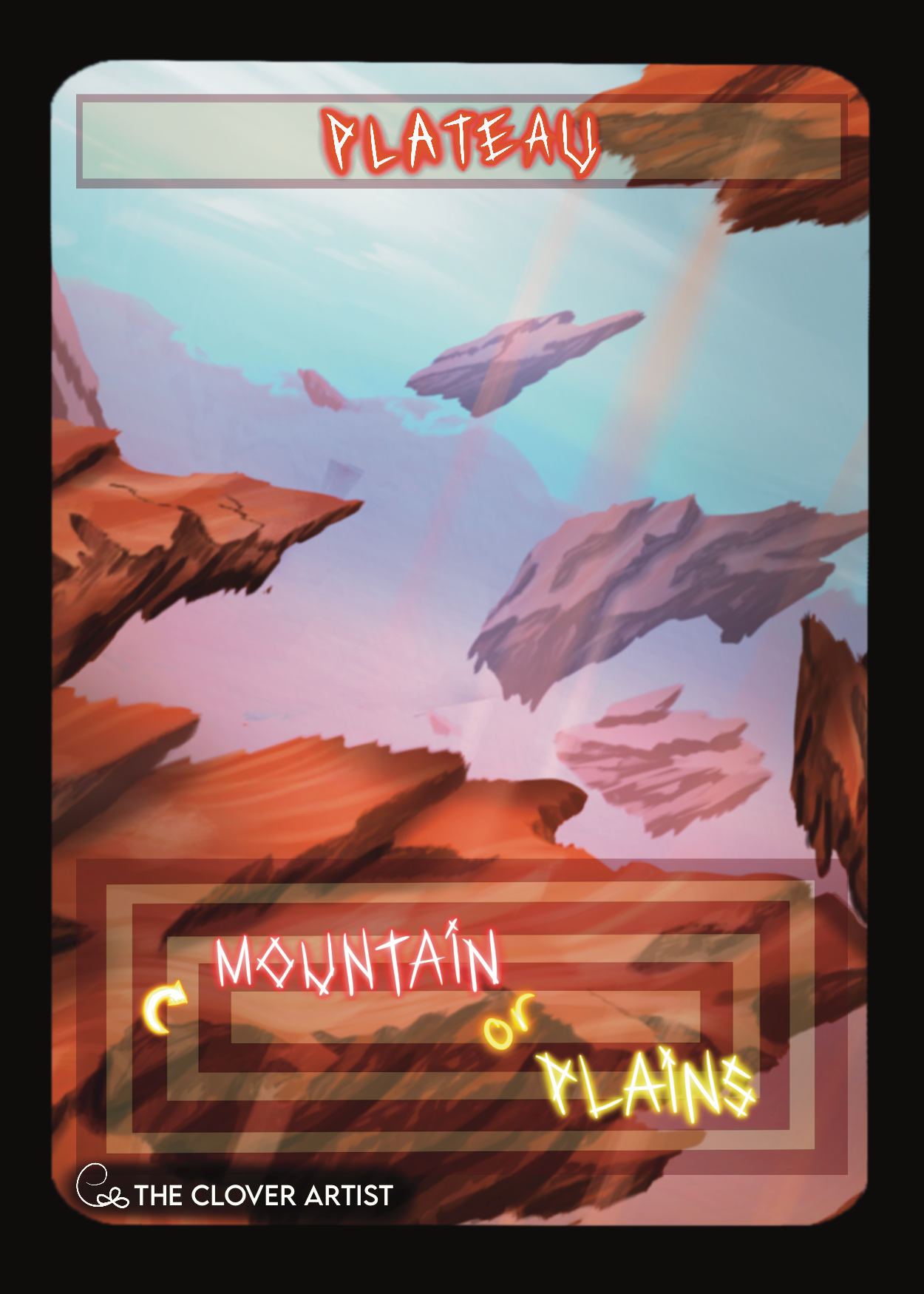 Cartoon-style landscape with mountains and a rainbow, labeled 'Plateau Mountain of Plains' by The Clover Artist.
