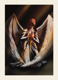 Angelic figure with wings spread against a dark background praying 
