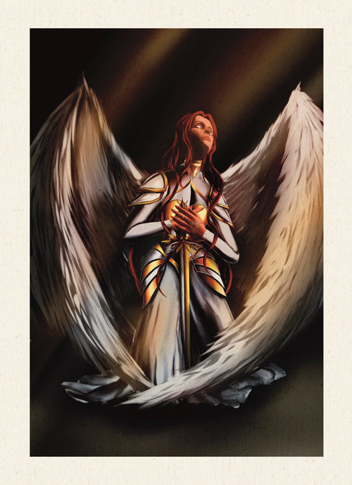 Angelic figure with wings spread against a dark background praying 