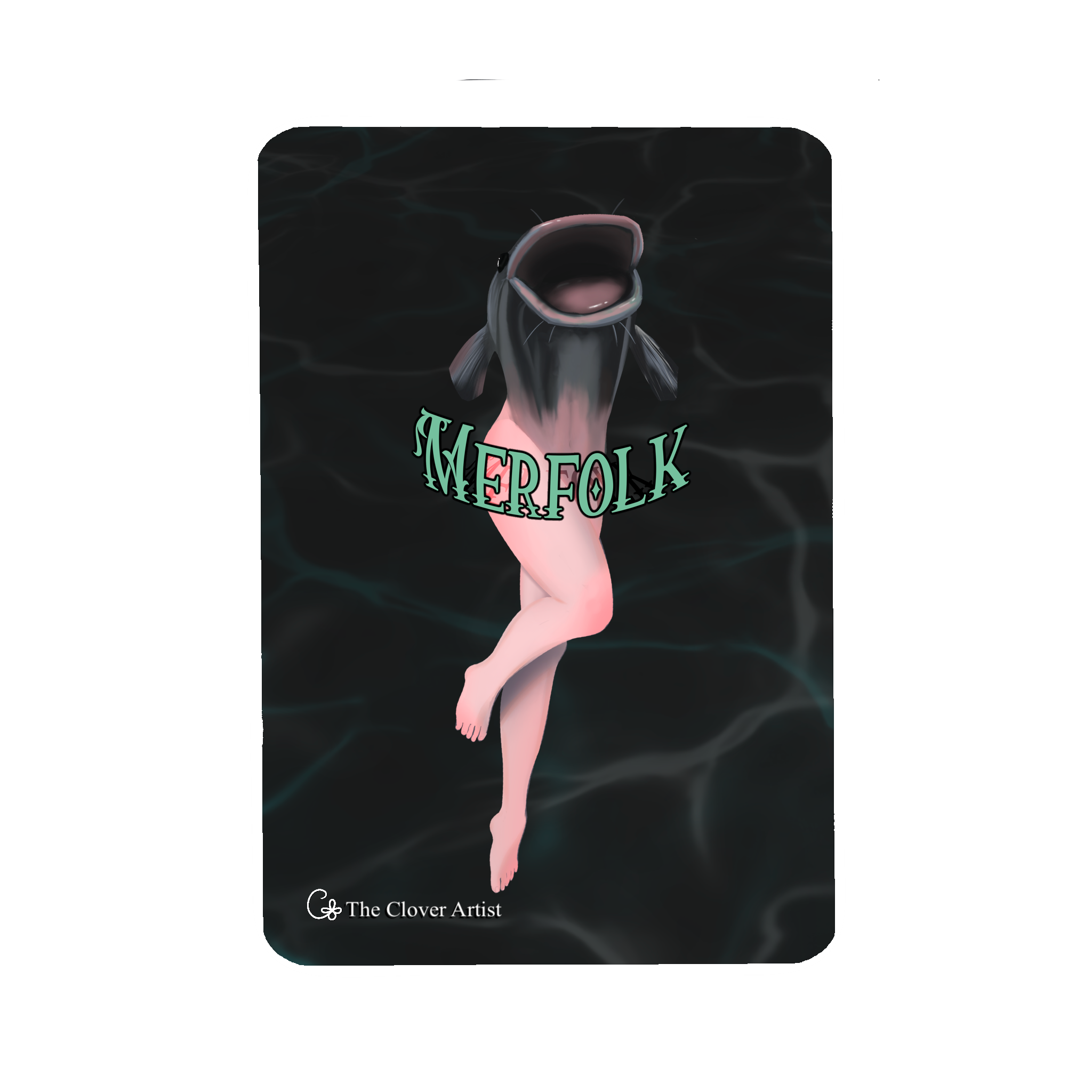 Card with a mermaid design and 'Merfolk' text on a black background