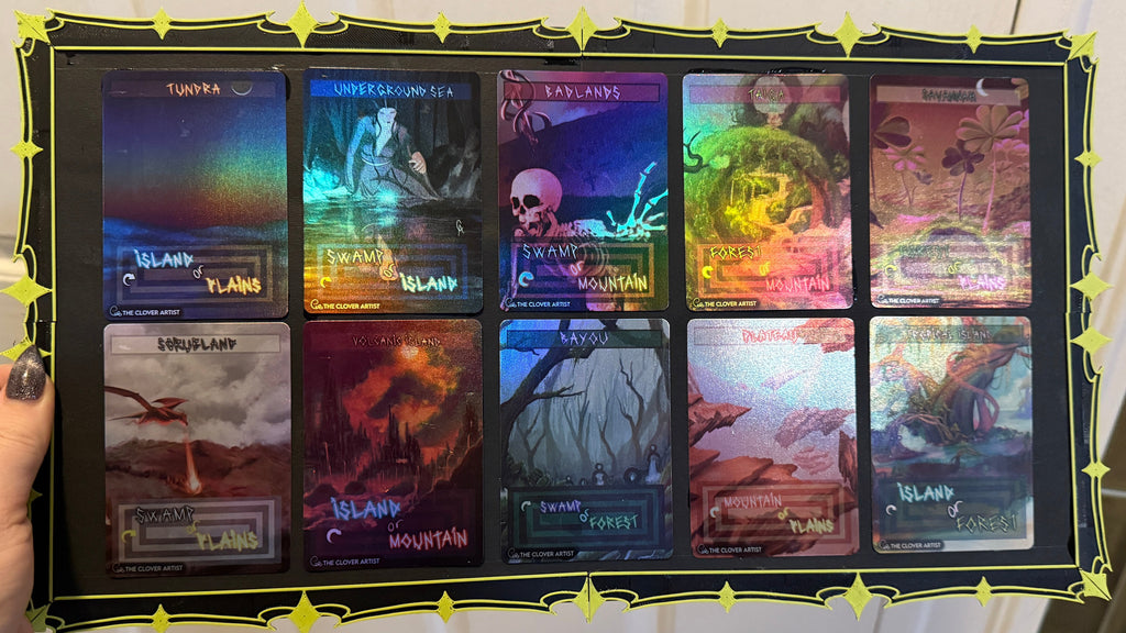 a framed board of all the OG dual lands fantasy proxy art in foil
