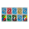Collection of colorful playing cards with various symbols and numbers on a white background