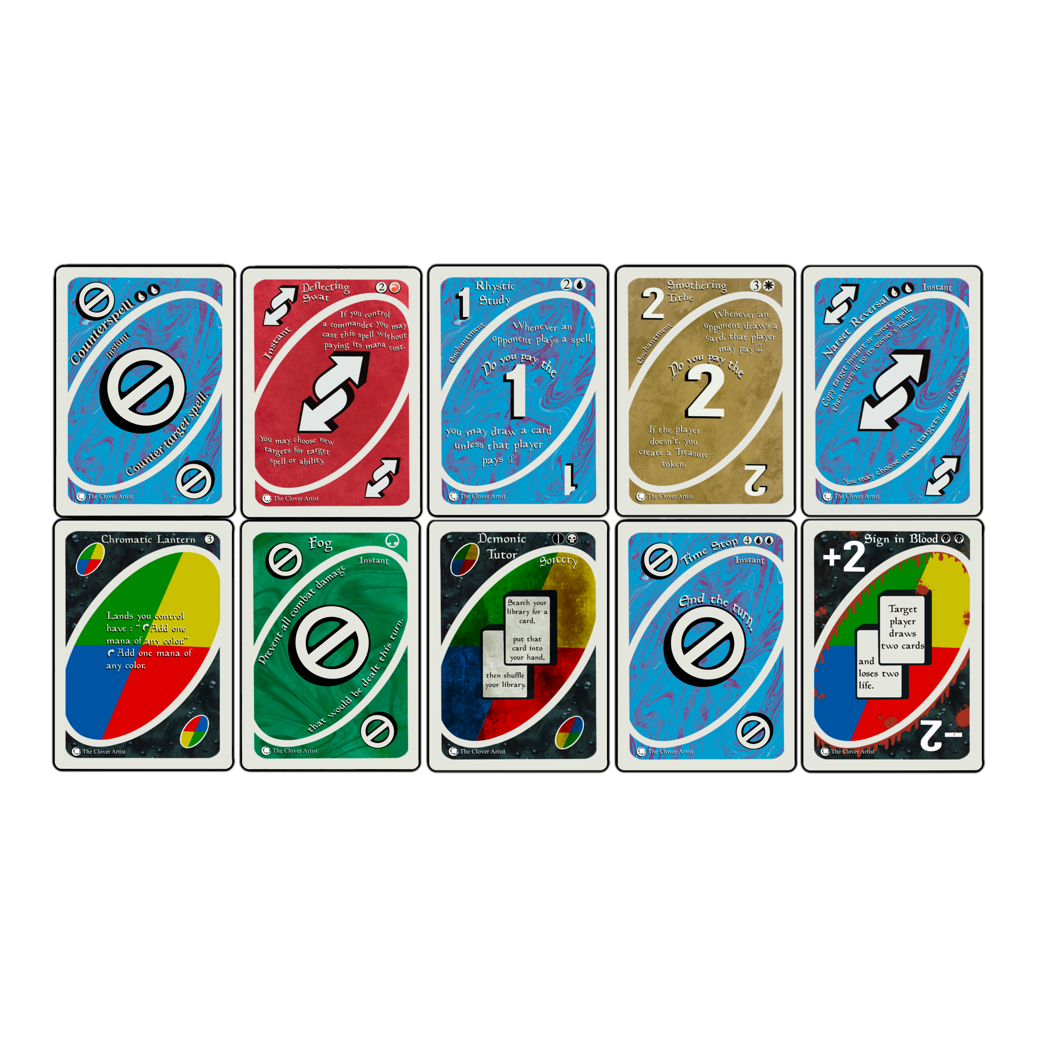 Collection of colorful playing cards with various symbols and numbers on a white background