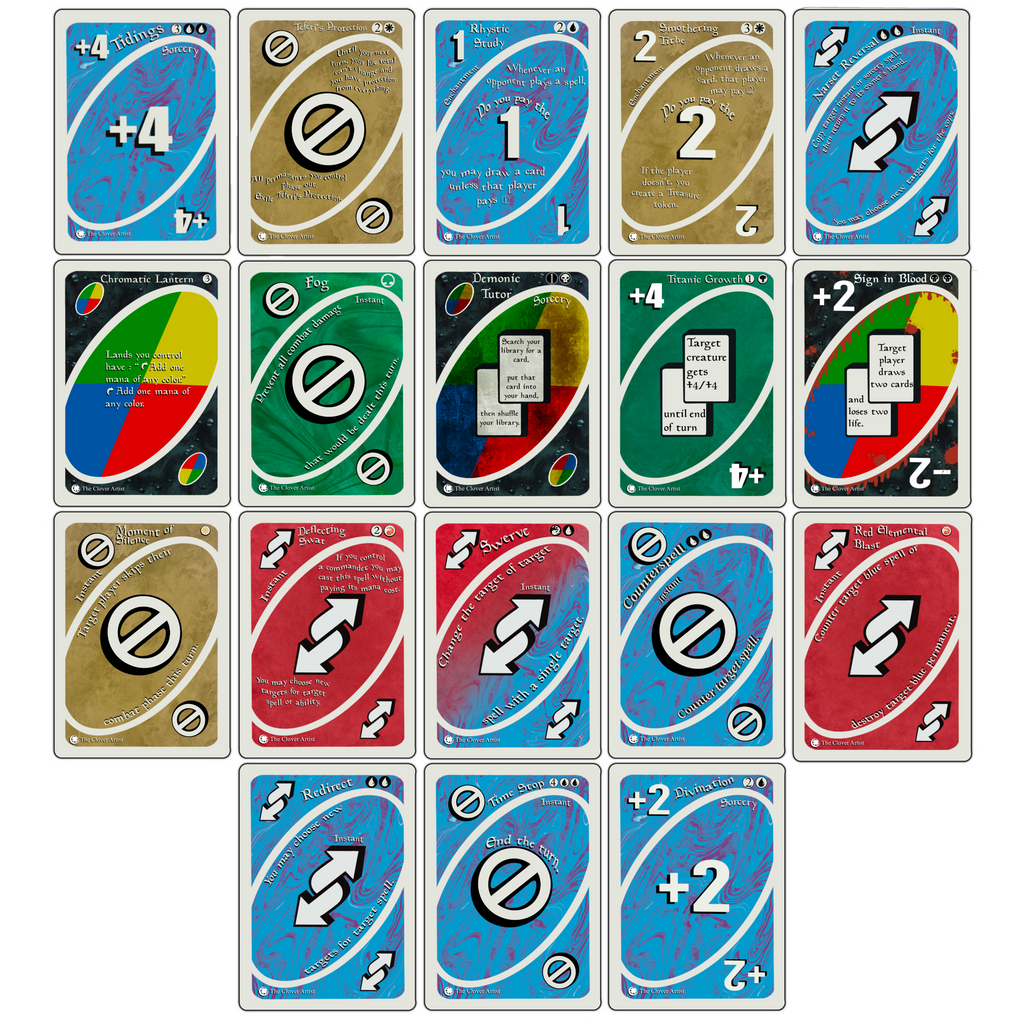 Collection of various game cards with different symbols and numbers on a white background