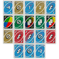 Collection of various game cards with different symbols and numbers on a white background