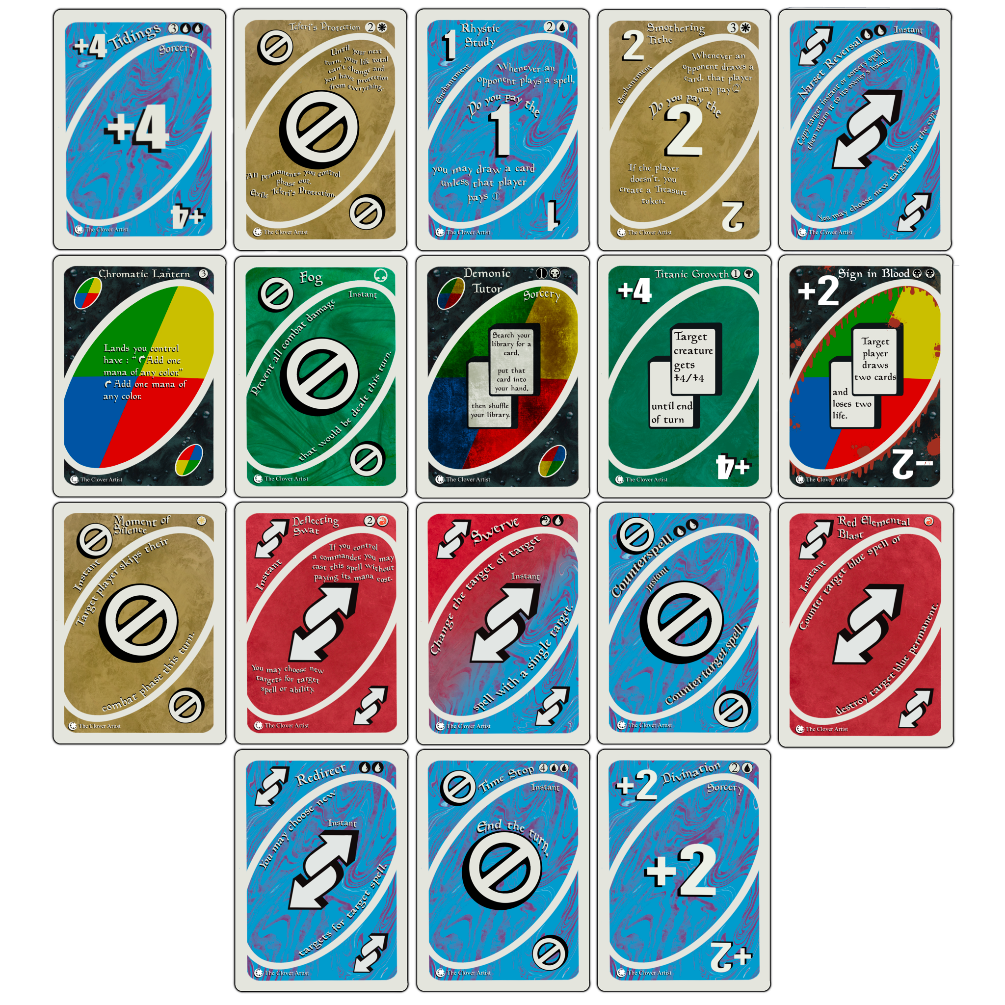 Collection of various game cards with different symbols and numbers on a white background