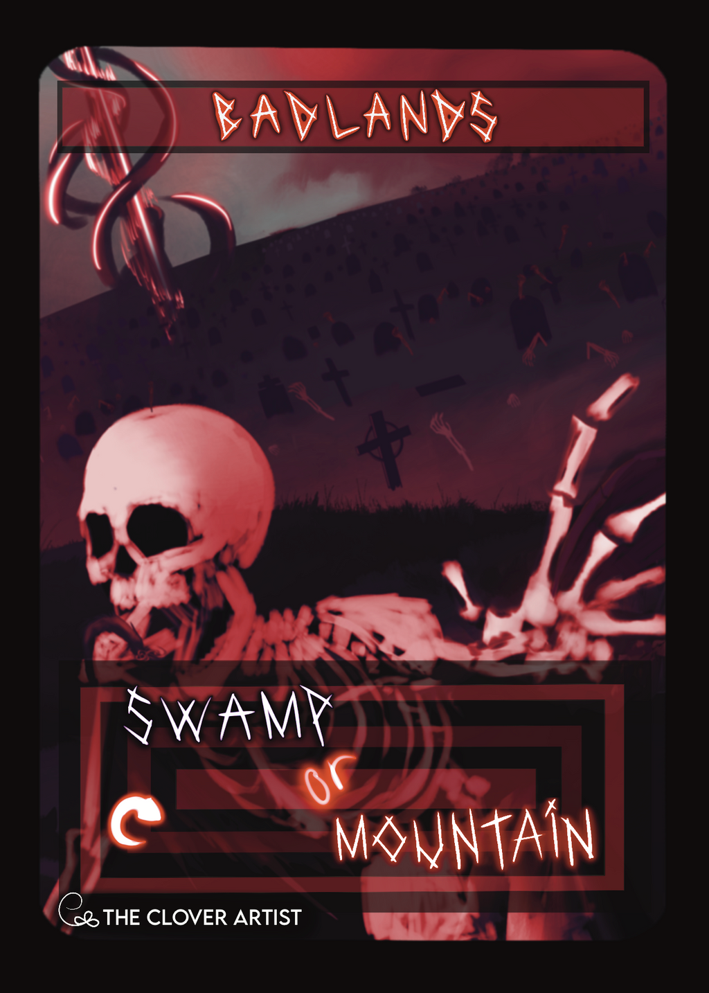 A red skeleton crawling out of a grave with a mass spiral magic portal in the back on a bad lands dual land proxy