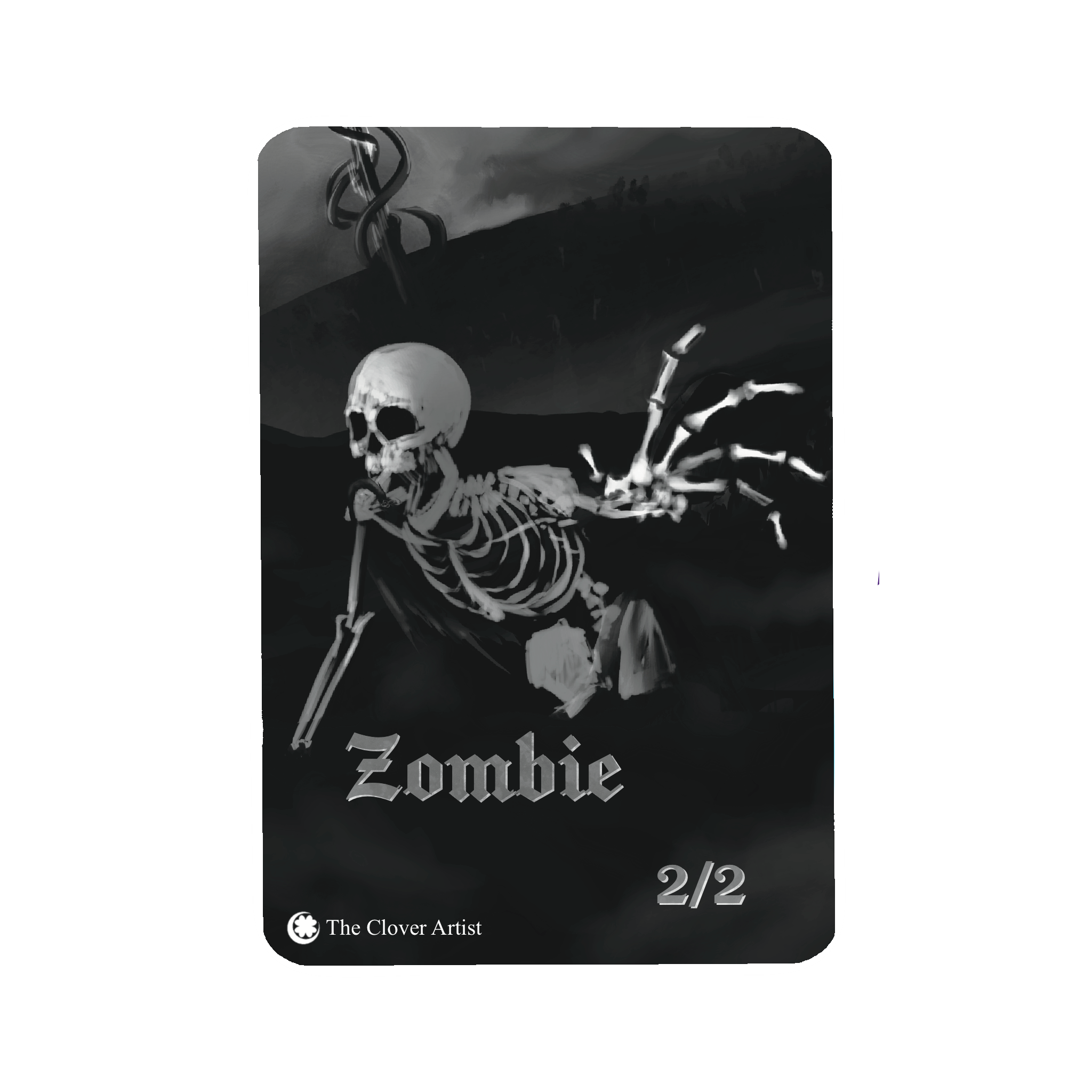 Card with a skeleton reaching labeled 'Zombie' on a dark background