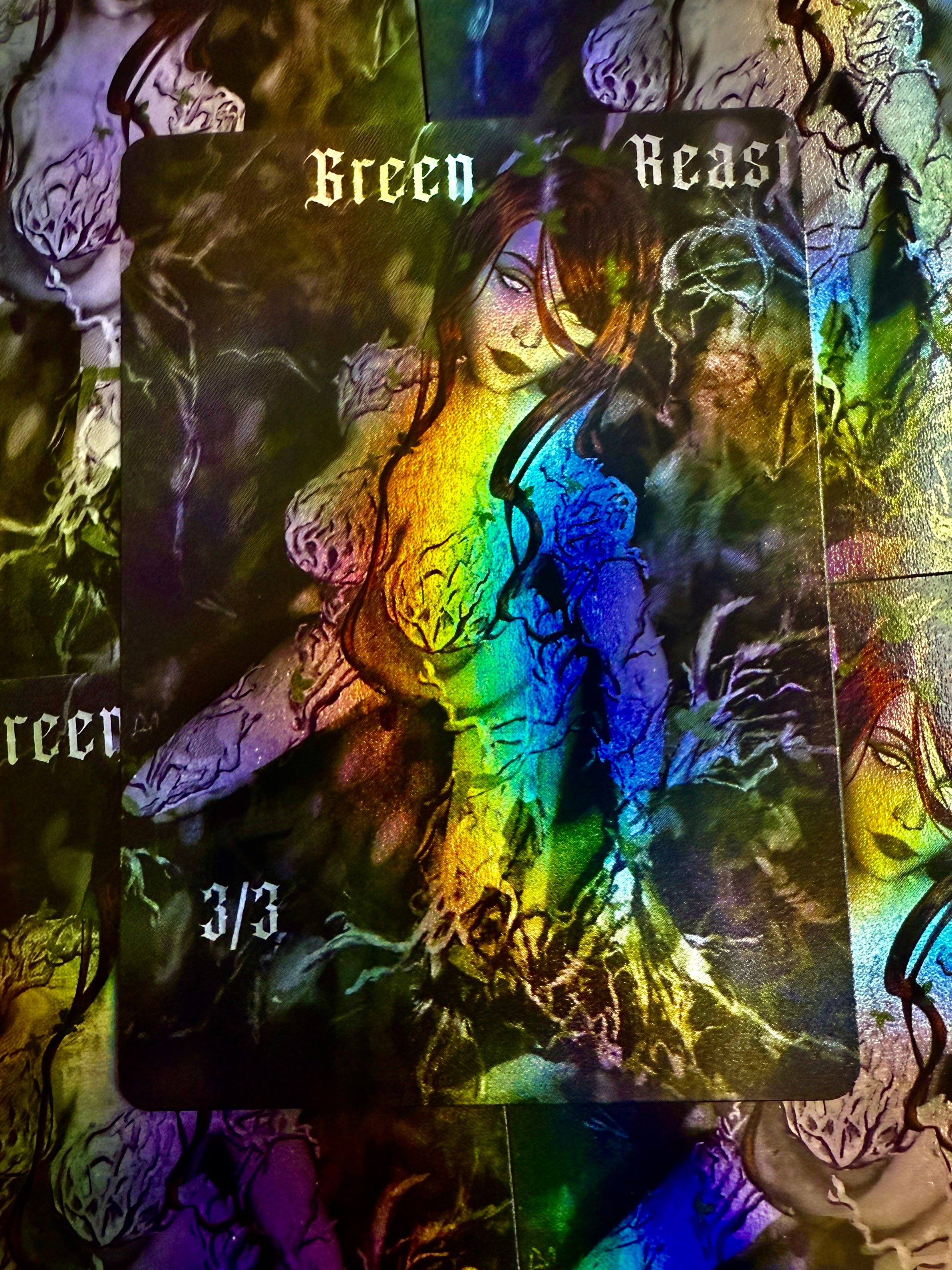 Colorful card with a fantasy design featuring a creature and text on a patterned background.