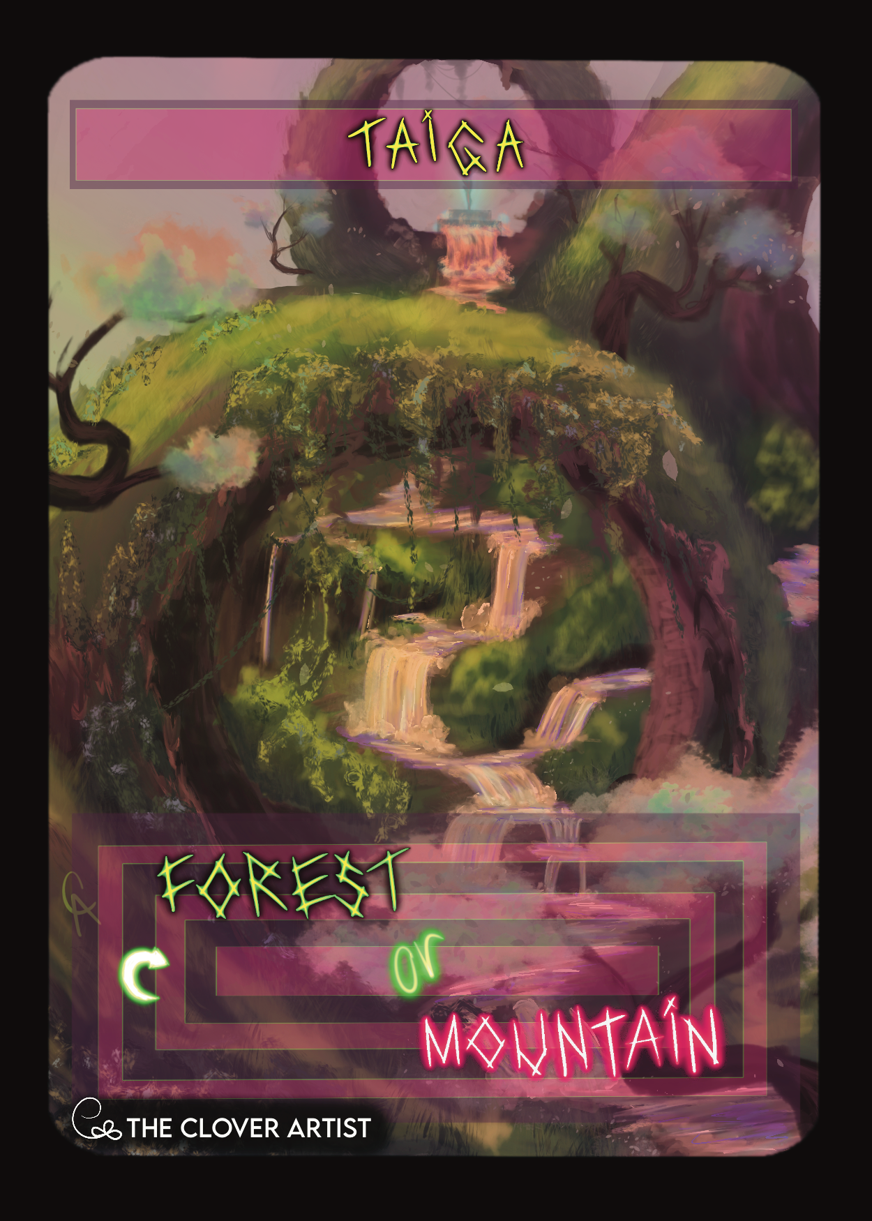 Spiral arches in pink and green with a cascading pink waterfall on a hill with a sword alter at the top on a taiga dual land proxy by the clover artist