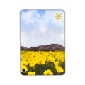 Landscape of poppy plains with mountain in the background