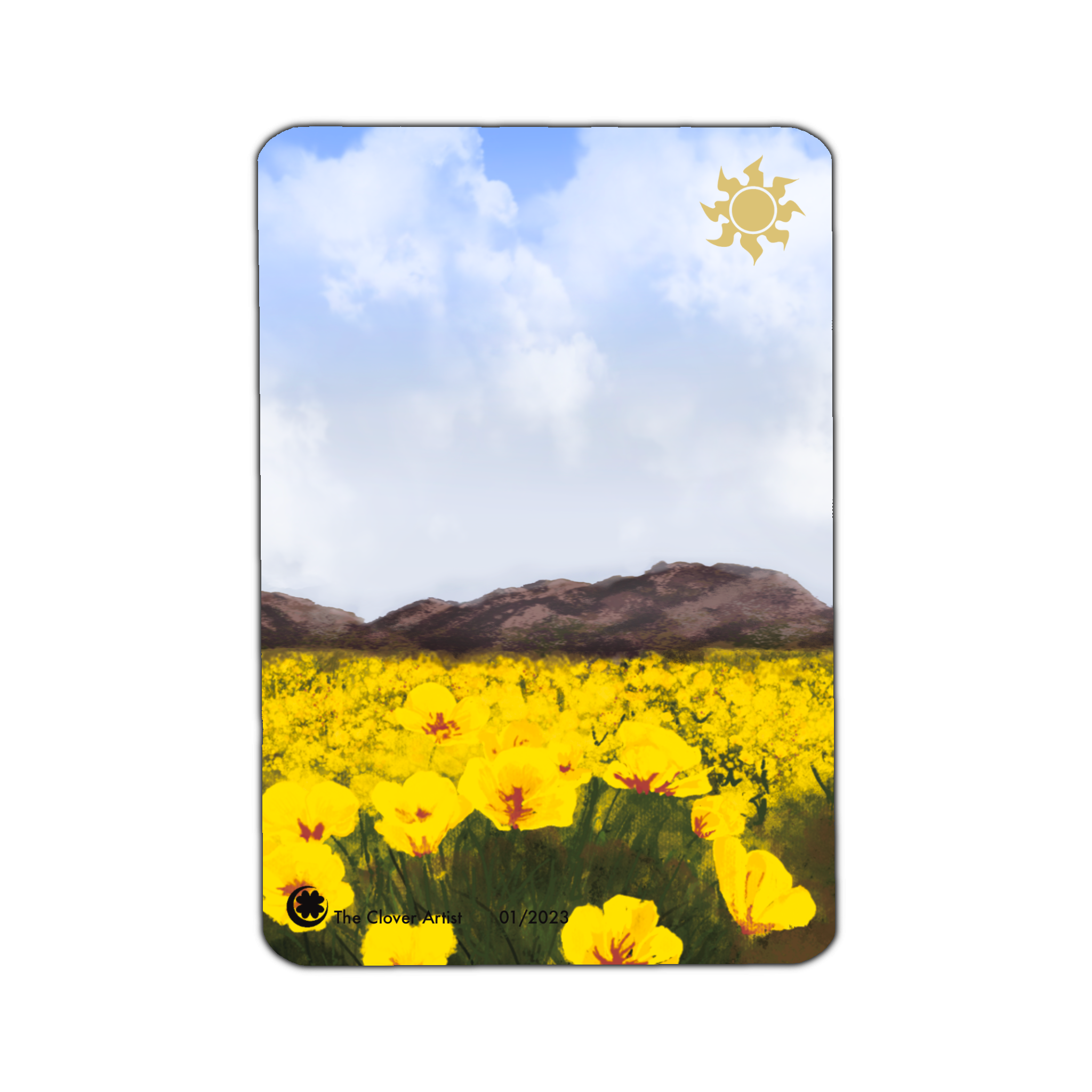 Landscape of poppy plains with mountain in the background
