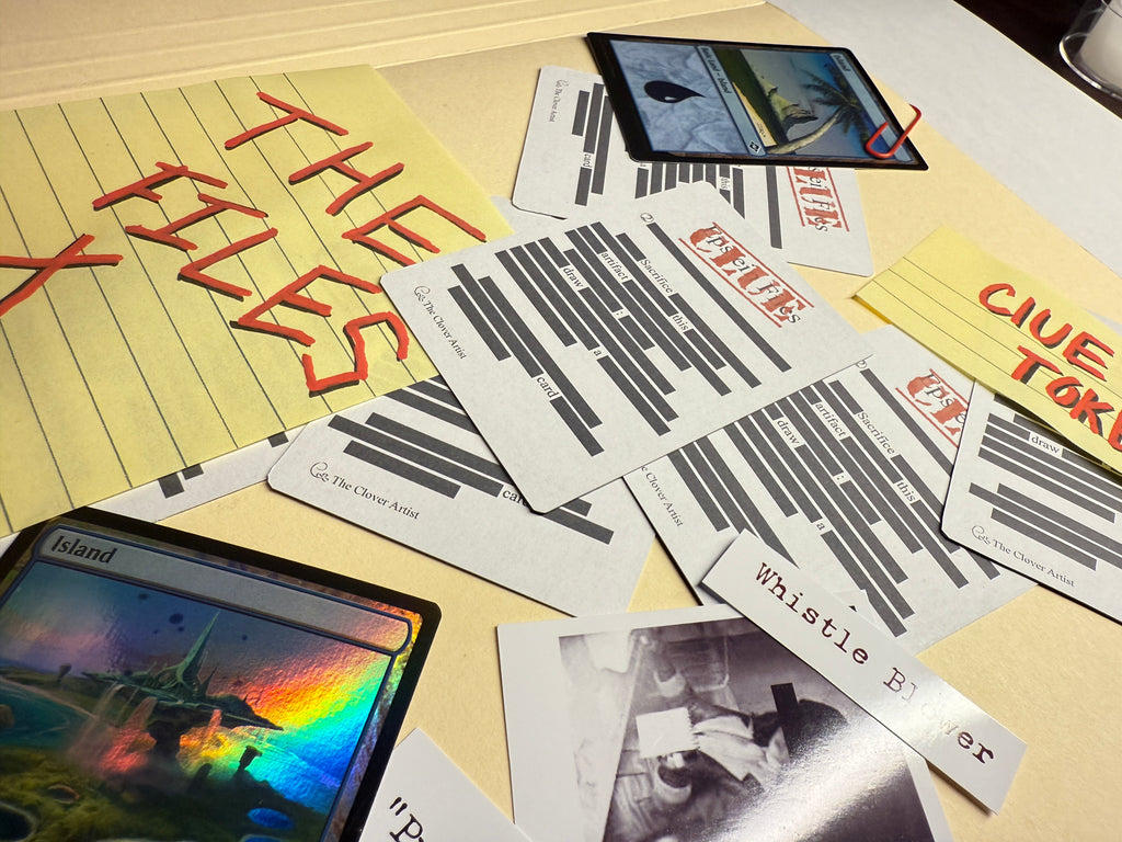 Collection of trading cards on a surface with visible text and images.