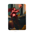 Illustration of a demon with red hair and wings, sitting on a book titled 'Demon'.