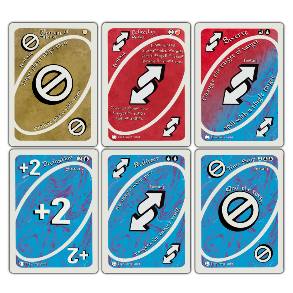 Set of six card game cards with various symbols and text on a white background