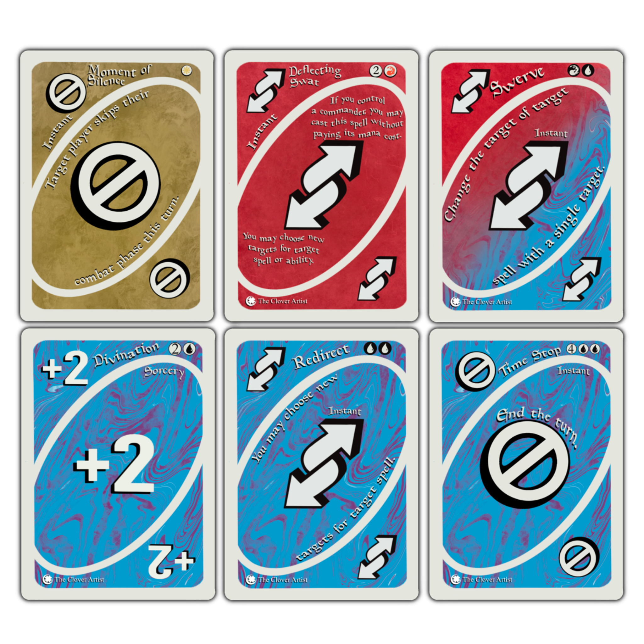 Set of six card game cards with various symbols and text on a white background