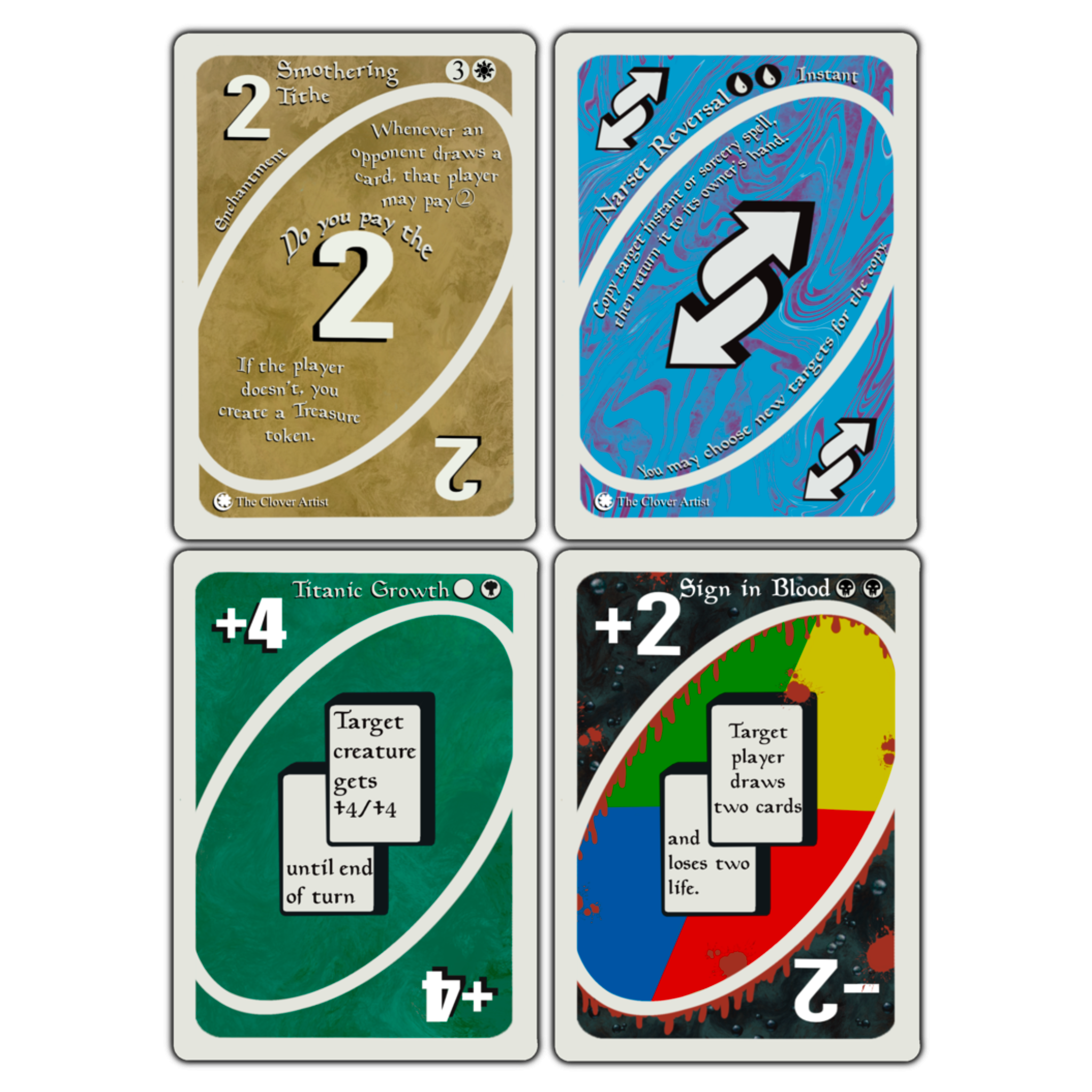 Four playing cards with different designs and text on a white background