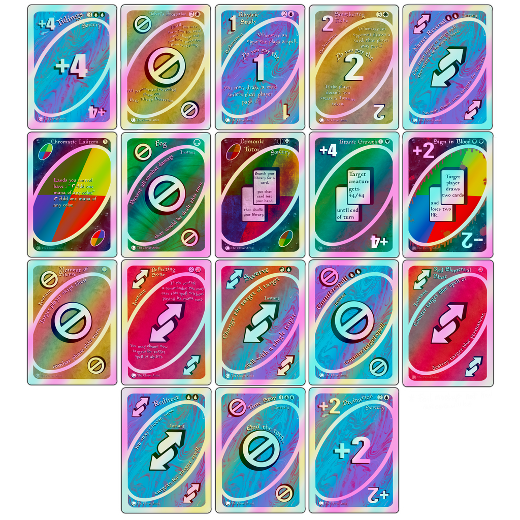 Collection of colorful trading cards with various symbols and numbers on a white background